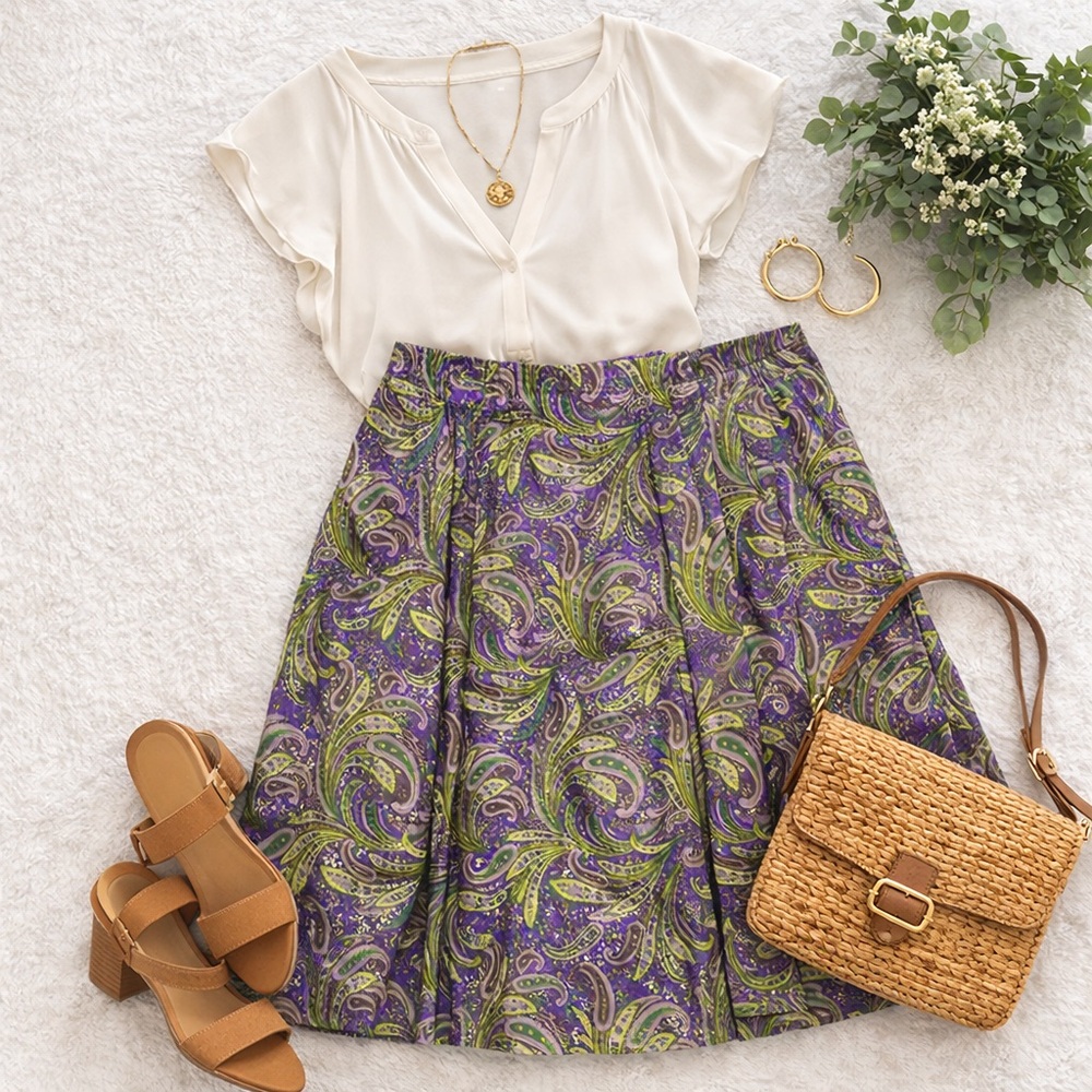 Norton McNaughton Paisley A-Line Skirt Purple Green Size 14 Classic Vintage - Picture 2 of 8